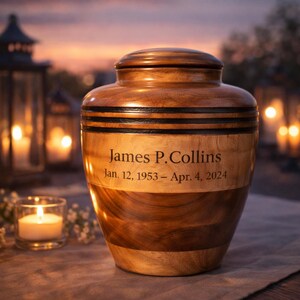 May include: A wooden urn with a lid, featuring a light and dark wood grain design. The urn has a band of black stripes and includes the inscription "James P. Collins, Jan. 12, 1953 &ndash; Apr. 4, 2024". The background shows candles and a sunset.