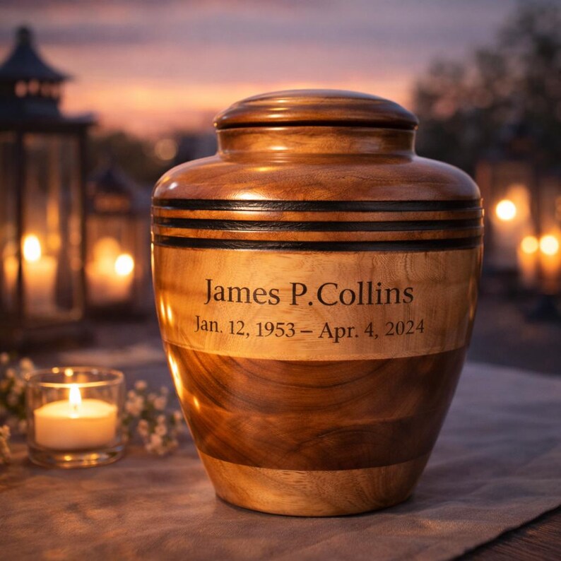 May include: A wooden urn with a lid, featuring a light and dark wood grain design. The urn has a band of black stripes and includes the inscription "James P. Collins, Jan. 12, 1953 &ndash; Apr. 4, 2024". The background shows candles and a sunset.