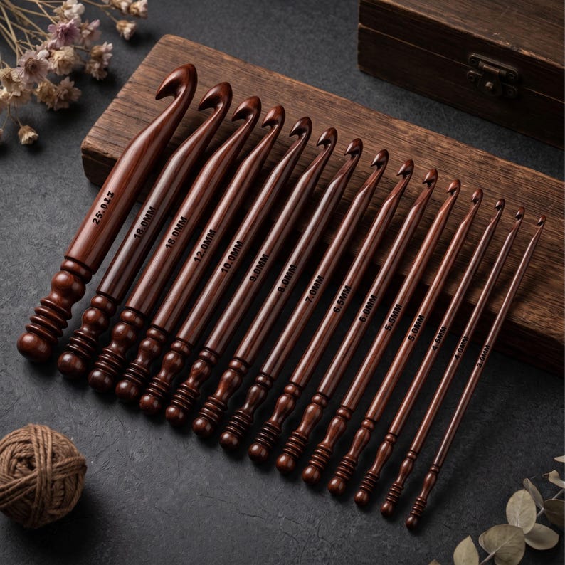Rosewood Crochet Hook Set: 15 Wooden Yarn Hooks with Optional Bowl & Stand image 17