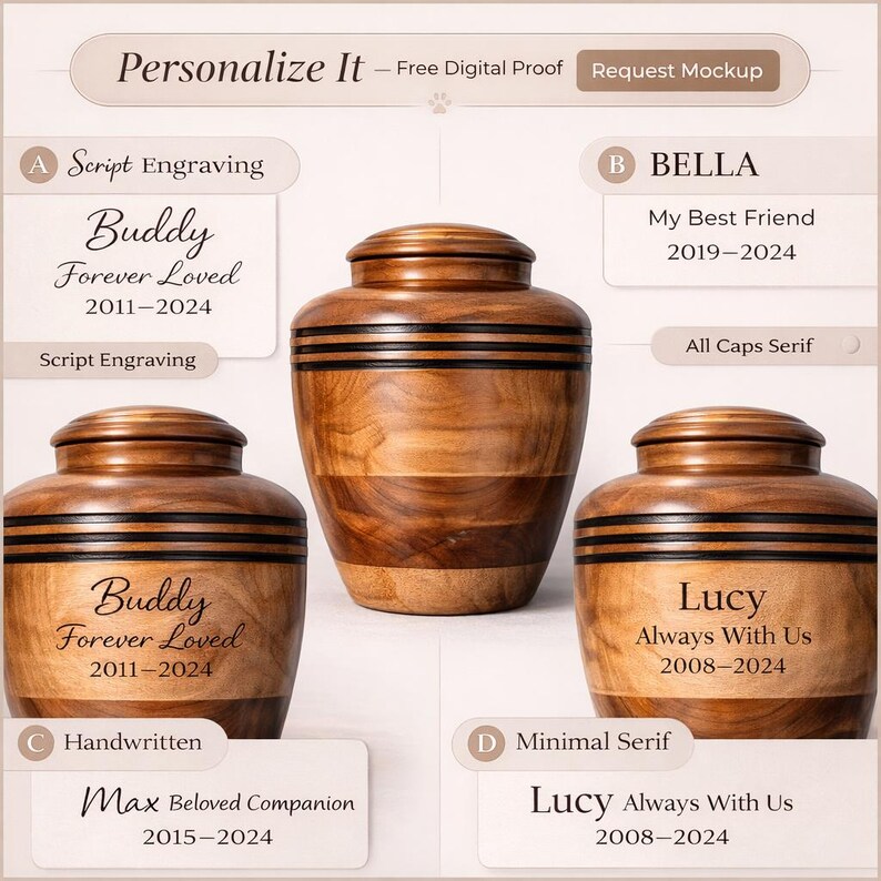 May include: Wooden pet urns with personalized engraving options. The urns are brown with dark bands and lids. Text on the urns includes names, dates, and phrases like "Forever Loved" and "Always With Us."