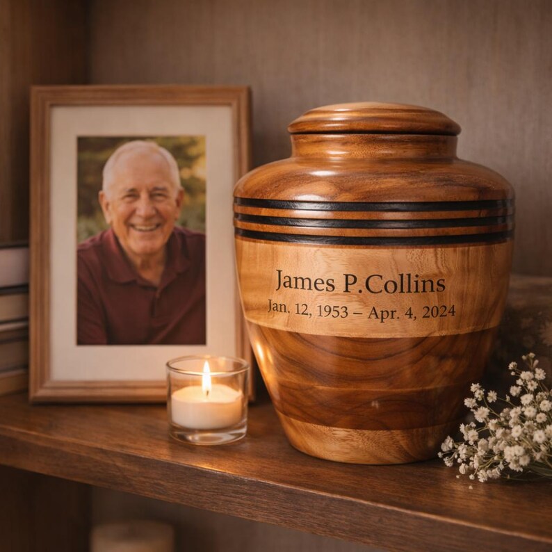 May include: A wooden urn with a lid, featuring dark bands and the engraved name "James P. Collins" and dates. A framed photo and a lit candle sit nearby on a wooden shelf. White flowers are to the right.