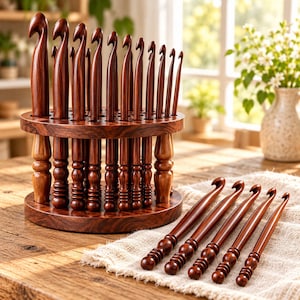 Rosewood Crochet Hook Set: 15 Wooden Yarn Hooks with Optional Bowl & Stand image 1