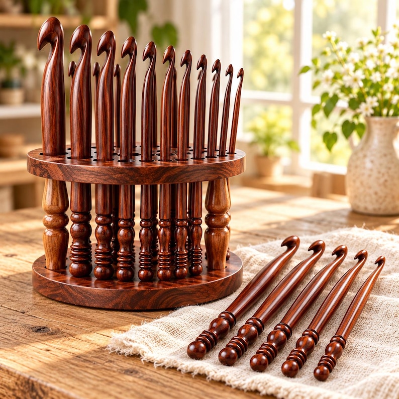 Rosewood Crochet Hook Set: 15 Wooden Yarn Hooks with Optional Bowl & Stand image 1