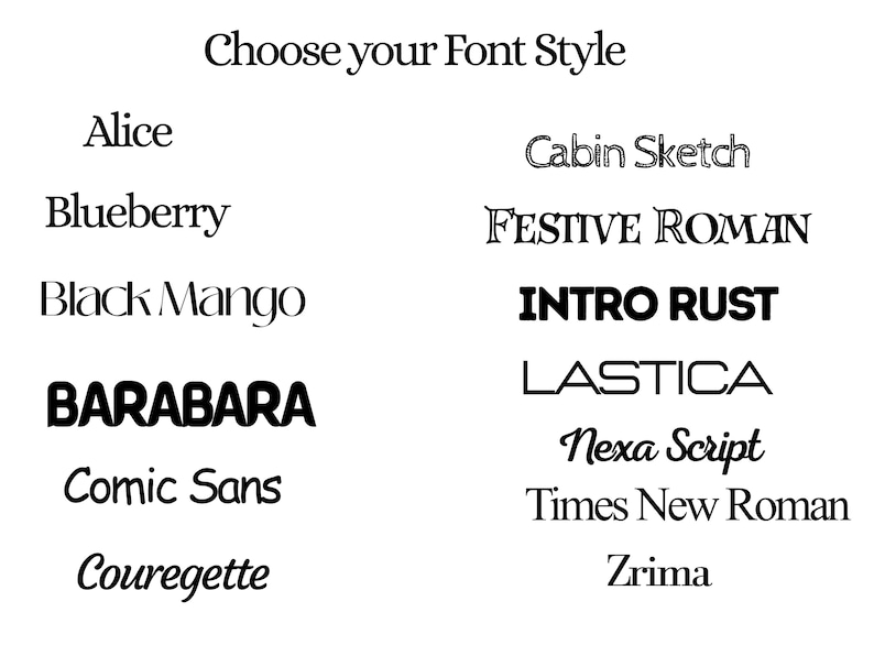 May include: A white graphic with the text "Choose your Font Style" and a list of font names in various styles, including "Alice", "Blueberry", "Black Mango", "BARABARA", and "Comic Sans".