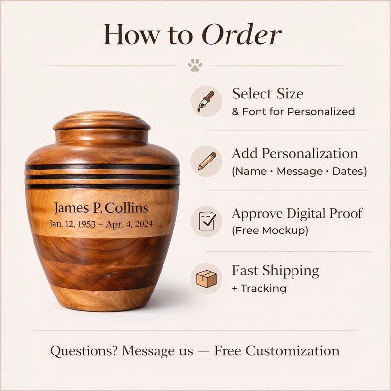 May include: A wooden urn with a lid, featuring a personalized inscription: "James P. Collins, Jan. 12, 1953 - Apr. 4, 2024." The image includes instructions: Select Size & Font, Add Personalization, Approve Digital Proof, and Fast Shipping.