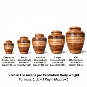 May include: A collection of five wooden urns of varying sizes, each with a lid and dark bands. The urns are labeled Keepsake, Small, Medium, Large, and XXL, with dimensions in inches and capacity in pounds. Each urn has the name "James P. Collins" and dates.