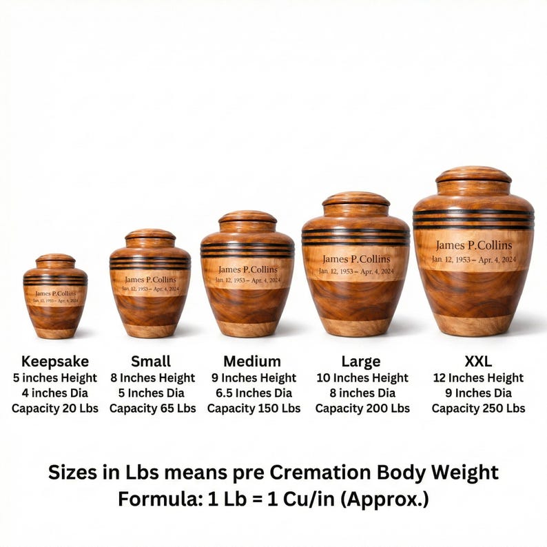 May include: A collection of five wooden urns of varying sizes, each with a lid and dark bands. The urns are labeled Keepsake, Small, Medium, Large, and XXL, with dimensions in inches and capacity in pounds. Each urn has the name "James P. Collins" and dates.