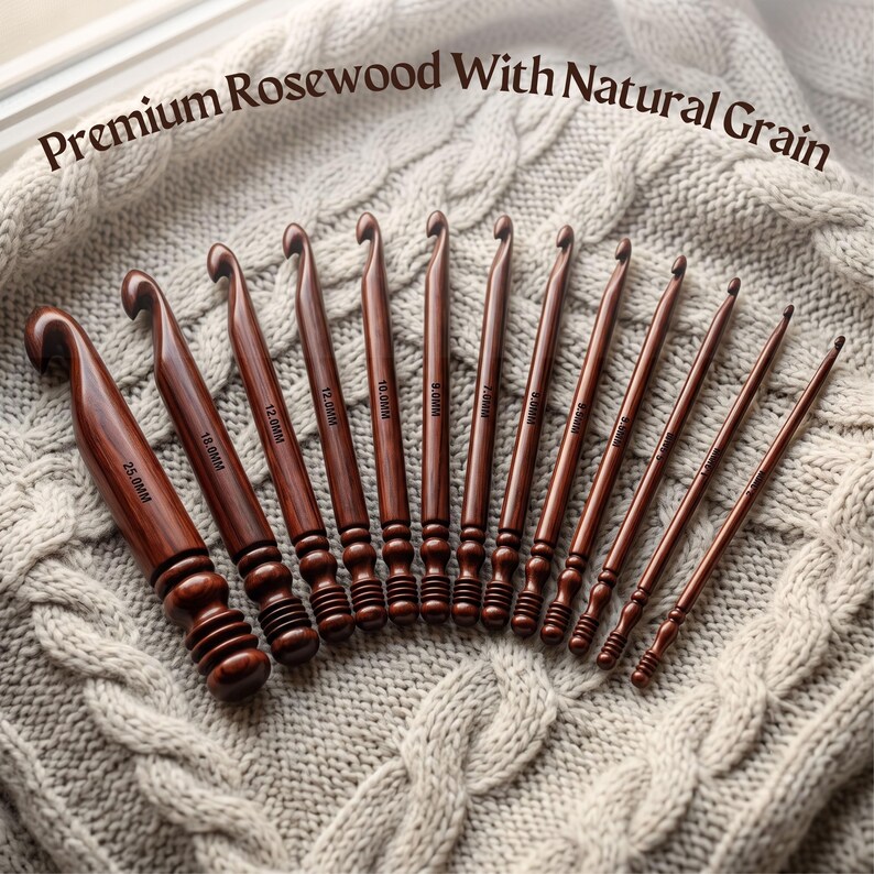Rosewood Crochet Hook Set: 15 Wooden Yarn Hooks with Optional Bowl & Stand image 2