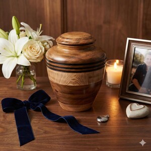 May include: A wooden urn with a lid, featuring dark bands and a natural wood grain. A navy blue velvet ribbon, a framed photo, a lit candle, and a small vase of white flowers are arranged nearby.