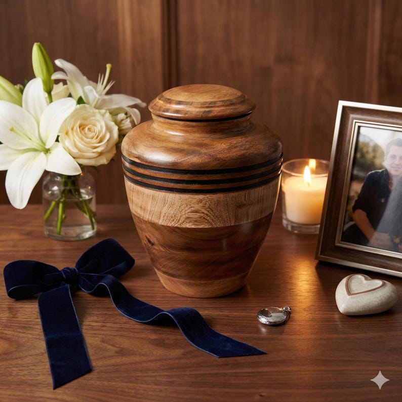 May include: A wooden urn with a lid, featuring dark bands and a natural wood grain. A navy blue velvet ribbon, a framed photo, a lit candle, and a small vase of white flowers are arranged nearby.