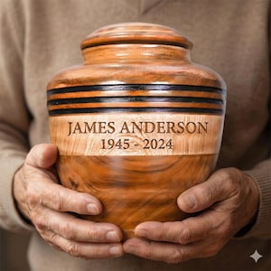 May include: A wooden urn with a lid, featuring a natural wood grain finish. The urn has a band of black and orange stripes. The name "JAMES ANDERSON" and the years "1945 - 2024" are engraved on the front.