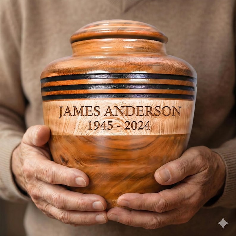May include: A wooden urn with a lid, featuring a natural wood grain finish. The urn has a band of black and orange stripes. The name "JAMES ANDERSON" and the years "1945 - 2024" are engraved on the front.