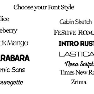 May include: A white graphic with the text "Choose your Font Style" and a list of font names in various styles, including "Alice", "Blueberry", "Black Mango", "BARABARA", and "Comic Sans".