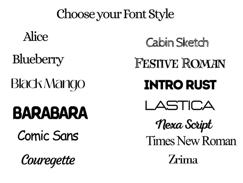 May include: A white graphic with the text "Choose your Font Style" and a list of font names in various styles, including "Alice", "Blueberry", "Black Mango", "BARABARA", and "Comic Sans".