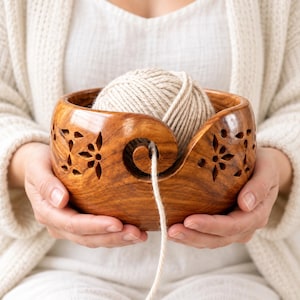 Wooden Yarn Bowl for Knitting & Crochet, 7 Inch Rosewood or Mango Wood, Floral Cutwork or Resin Inlay