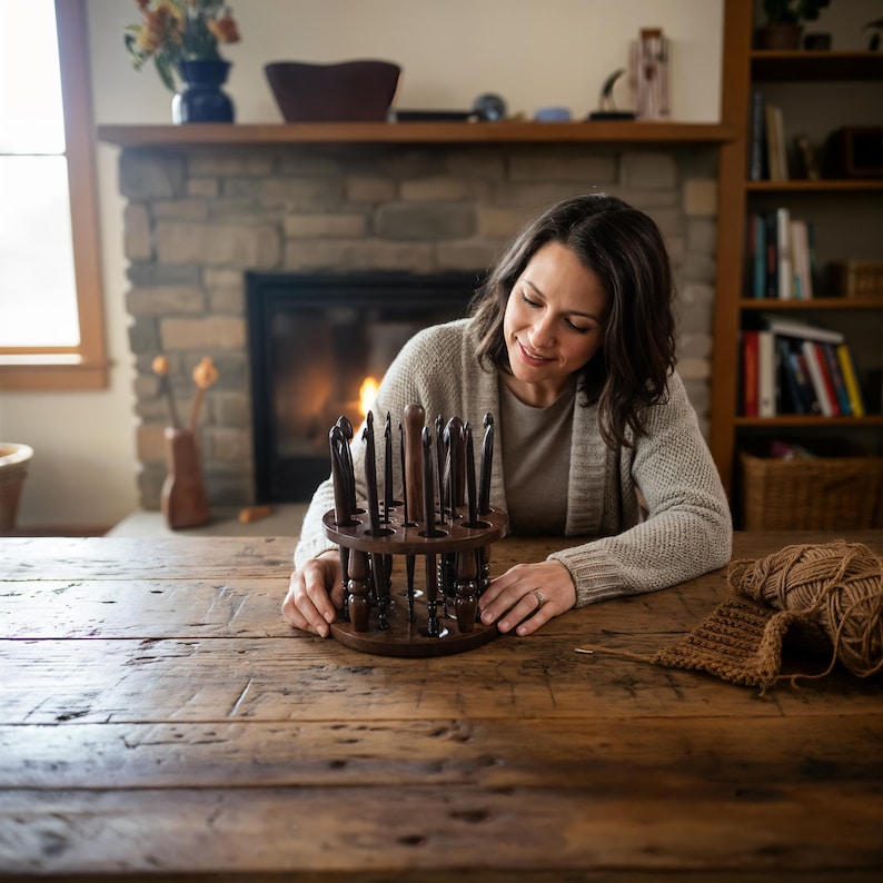 May include: A dark brown wooden circular organizer stand featuring multiple vertical slots designed to hold various crochet hooks upright. The stand has a smooth, polished finish and a tiered base structure, providing a stable storage solution.