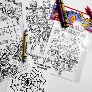 Peut inclure: Ensemble de pages à colorier et de cadeaux de fête sur le thème des super-héros. Les pages présentent des personnages comme Spider-Man et Captain America. Des crayons de couleur sont inclus. Le texte "Austin is 4" est visible.