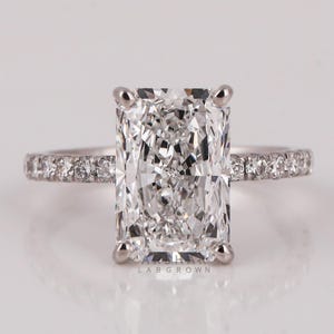 Radiant Cut 4.50 CT Lab Grown Diamond Engagement Ring: 14k Gold Hidden Halo