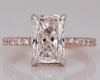 Radiant Cut Lab Grown Diamond Engagement Ring: Hidden Halo Pave Setting