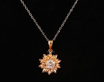 Lab Grown Diamond Solitaire Pendant: 14k Yellow Gold Flower Necklace