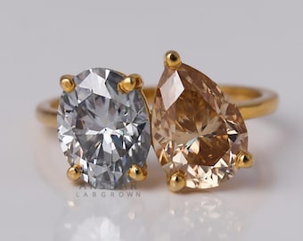 Toi et Moi Lab Grown Diamond Ring: Oval Pear Two Stone 14k Gold