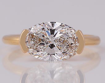 East-West Oval Lab Diamond Engagement Ring: Half Bezel Solitaire