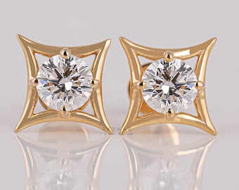 IGI Certified Lab Grown Diamond Stud Earrings: 14k Yellow Gold Solitaire