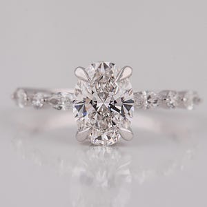 2.00 Carat E-F Color VVS2-VS1 Clarity IGI Certified Lab Grown Oval Cut Diamond Engagement Ring, Alternating Marquise & Round Side Stones
