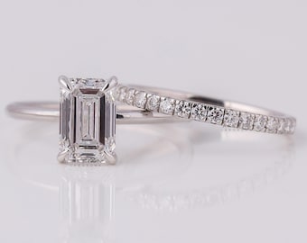 Anillo nupcial de 2,00 quilates, solitario con diamantes cultivados en laboratorio de talla esmeralda, alianza de eternidad a juego, anillo vintage con diamantes cultivados en laboratorio.