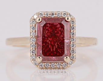 Pink Radiant Cut Lab Diamond Halo Engagement Ring, 14k Yellow Gold