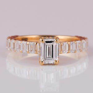Emerald Cut Lab Grown Diamond Pave Engagement Ring, Hidden Halo Wedding Ring, Dainty Claw Prong Set Emerald Diamond Ring, Anniversary Gifts