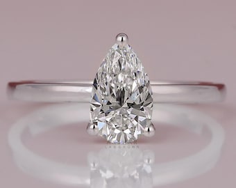 IGI Certified Pear Lab Grown Diamond Solitaire Ring - 14K Solid Gold