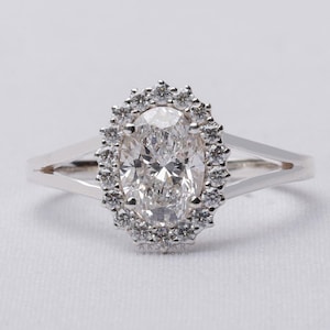 2.00 CT Oval Lab Grown Diamond Halo Engagement Ring, 14K White Gold
