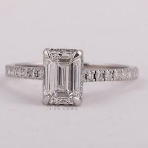 1.0 to 3.0 CT IGI CERTIFIED E-F/VVS2-VS1 Emerald Cut Lab Grown Diamond Pave Engagement Ring Hidden Halo Side Round Diamonds, 14k White Gold