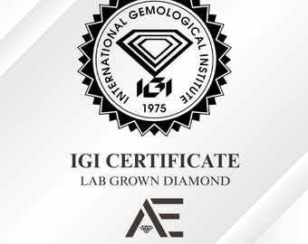 May include: A certificate with the text "IGI CERTIFICATE LAB GROWN DIAMOND" and the logo of the International Gemological Institute. The logo is a black and white circular design with the text "INTERNATIONAL GEMOLOGICAL INSTITUTE" and a diamond shape.