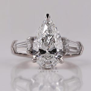 Three Stone Set Engagement Ring, 10k White Gold Proposal Ring, 3.00 Carat IGI Certified E-F Lab Grown Diamond Pear Baguette Diamond Ring