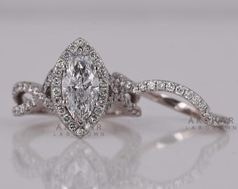 Marquise Lab Grown Diamond Bridal Set: Halo & Twisted Pave, Curved Wedding Band