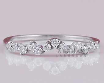 Lab Diamond Curved Wedding Band, Chevron Stacking BAND , White Gold , Round Cut Half Eternity Bridal Band, Promise Band for Women