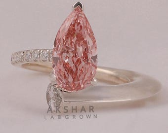 Pink Pear Shaped Diamond Engagement Ring in Bypass Setting, 2.00 CT IGI Certified Lab Grown Diamond, Tear Drop Shape, Ring for Women