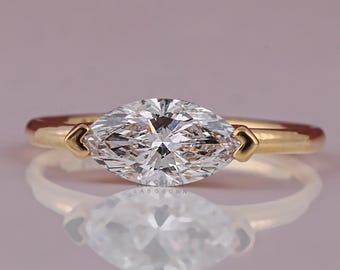 East West Marquise Cut Lab Grown Diamond Half Bezel Solitaire Engagement Ring, Unique Solitaire Diamond Ring, 18K Yellow Gold Wedding Ring