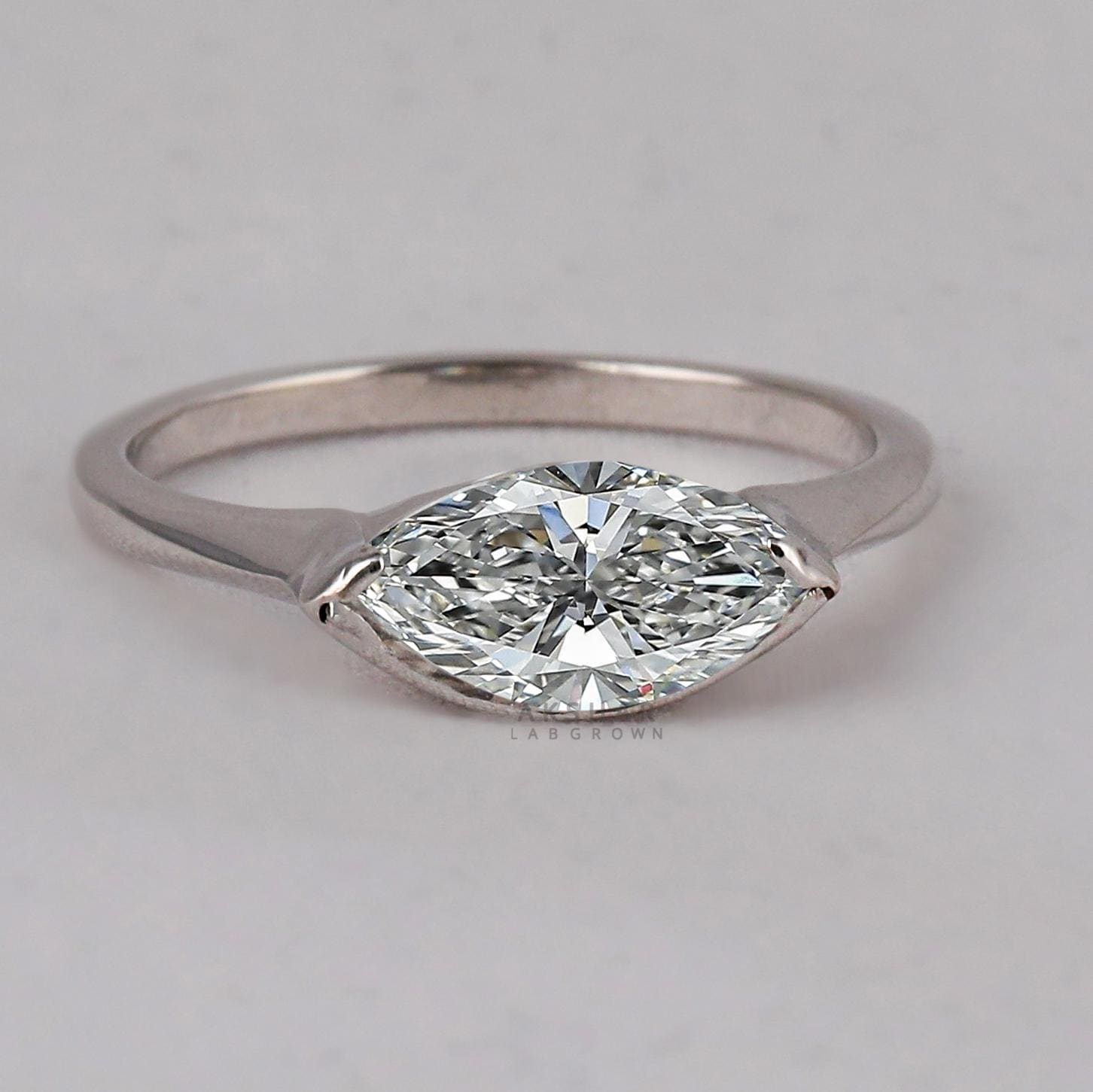 Marquise Cut East To West Set Lab Grown Diamond Solitaire Ring, 2.00 CT Lab Created Diamond Engagement Ring, Half Bezel Setting.