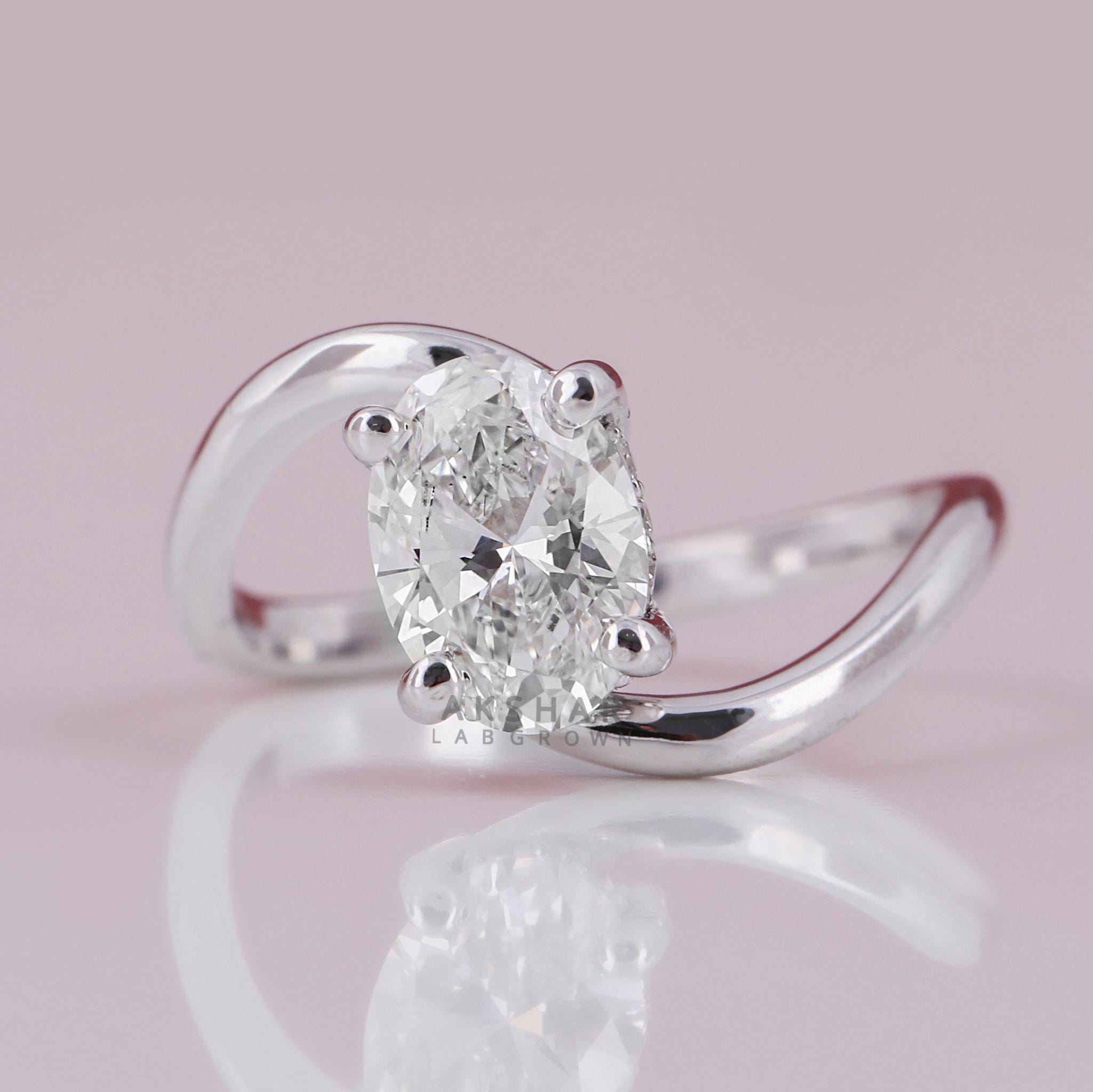 1.50 Carat Oval Lab Grown Diamond Engagement Ring: 14k White Gold Bypass Hidden Halo