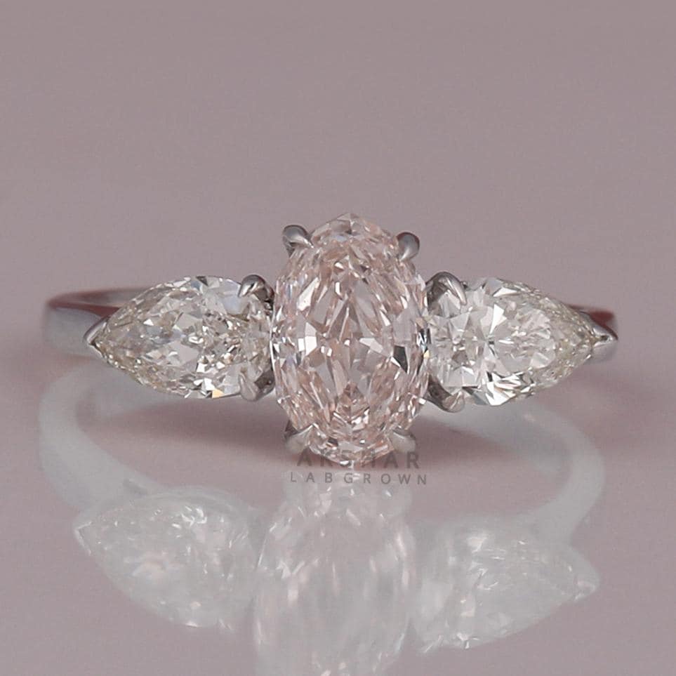 Huge One Of A Kind 1.00 CT Oval Cut Fancy Pink Lab Grown Diamond / Three Stone Engagement Ring / Side Pear Cut / 18k Gold Lab Diamond Ring
