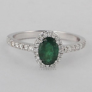 1.00 CT Emerald Oval Lab Gem Stone Halo Engagement Ring 14K White Gold Pave Set Diamond Ring promise wedding Anniversary Gift for her