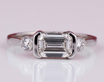 1.00 CT East West Emerald Cut Lab Diamond Three Stone Bezel Setting Engagement Ring With Accent 14k Solid White Gold Ring For Women