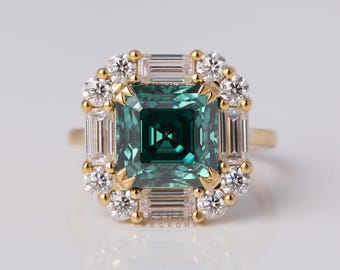 2.00 CT Green Asscher Cut Lab Diamond Engagement Ring: Cluster Setting