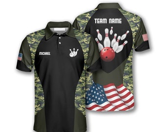 Custom Name, Team Camo Waving Flag Bowling Polo Shirt For Men | Personalized Bowling