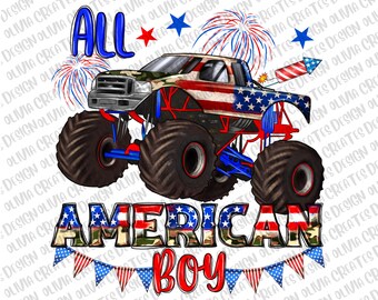 All American boy png sublimation design download, 4th of July png, USA flag truck png, monster truck png, sublimate designs download