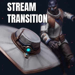 May include: A futuristic, silver and bronze hat with a blue glowing center. The hat is the focal point, with the words "STREAM TRANSITION" in white at the top. A blurred figure in a white, brown, and blue uniform is in the background.
