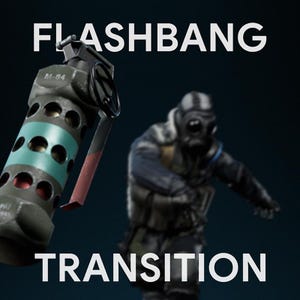 May include: An image showing a flashbang grenade with the text "FLASHBANG" above and "TRANSITION" below. The grenade is olive green with a teal stripe and red lever. A person in a gas mask is in the background.